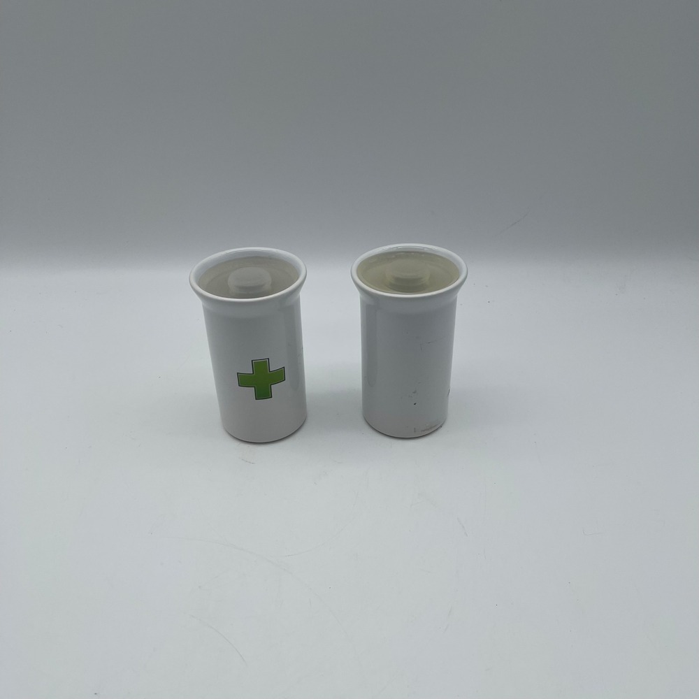 White Ceramic Salt and Pepper Shaker Set Green Cross Medical Apothecary Style